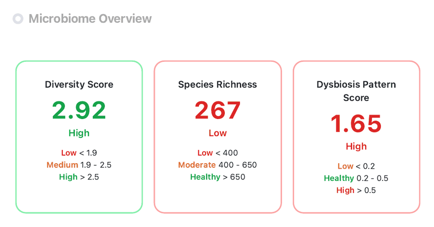 Your dog's headline scores — example page from the PetBiome report